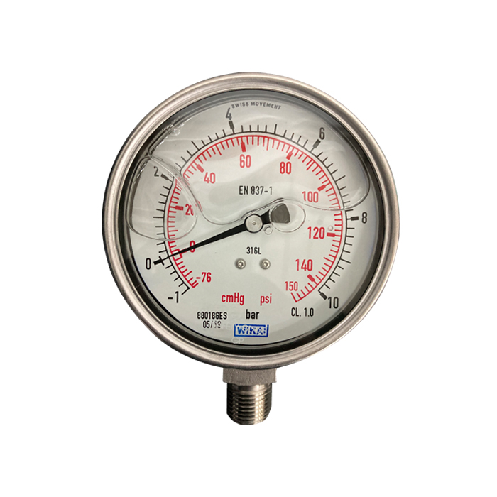 WIKA Oil Pressure Gauge 4", 0-10Bar (150 PSI), 1/2" NPT Bottom Connection; 232.50.100